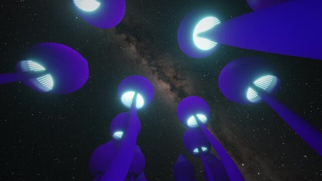 Purple magic mushrooms in outer space 3d seamless animation