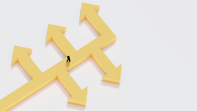 concept of multiple direction arrows showing decision making and strategic choices in business, career planning, leadership, and navigating different paths toward success