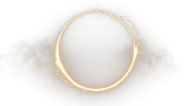 Golden circle with lightning effect on a transparent background showing an energetic design for use in various projects
