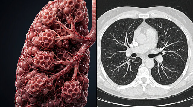 Detailed lung alveoli structure and chest CT cross section showing airway and blood vessel network, clinical anatomy visualization with medical imaging clarity