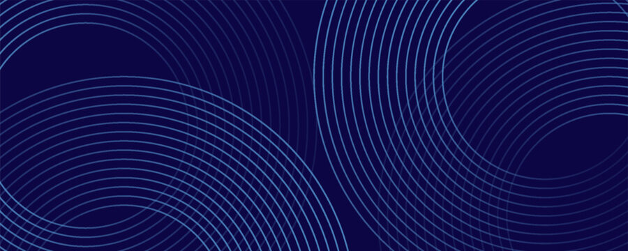Abstract blue glowing geometric lines on dark blue background. Modern shiny blue circle lines pattern. Futuristic technology concept. Suit for cover, poster, banner, brochure, header, website