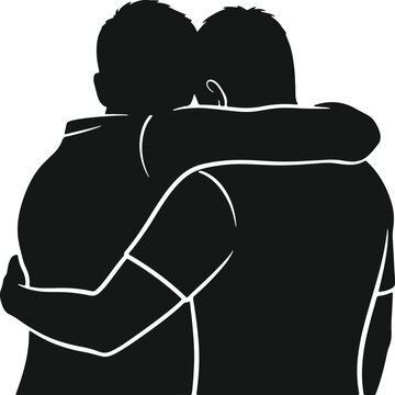 Two men hugging silhouette symbol of friendship and close relationship on transparent background.