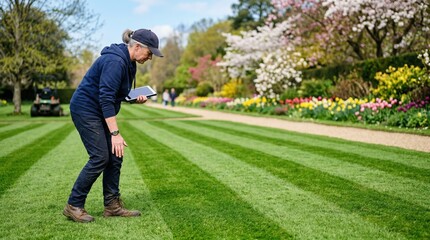 Fototapeta premium Medium shot of a grounds coordinator inspecting freshly mowed lawns as vibrant spring flowers bloom softly blurred in the background.