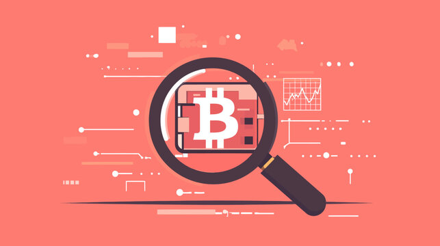 A red background with a magnifying glass examining a stylized symbol. Circuit design elements are also present