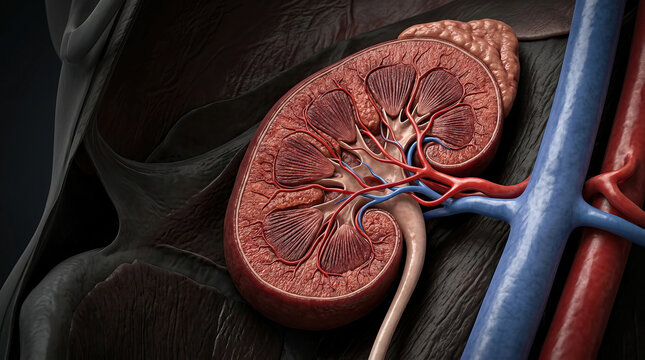 Anatomical kidney cross section showing cortex, medulla, renal artery and vein with ureter and surrounding tissue, detailed medical illustration conveying structure and function