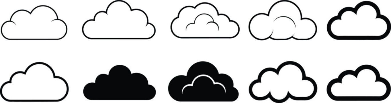 Black and white outline and silhouette vector collection of fluffy clouds, simple weather icons, and line art sky symbols for graphic design projects.