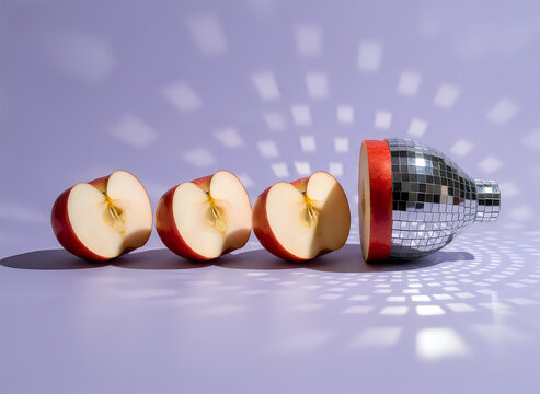 Three apples with bite marks on gray surface