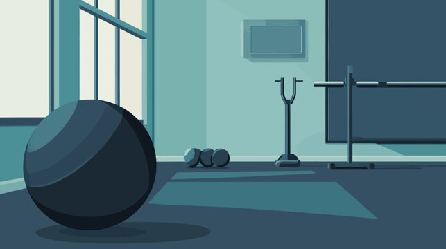 A minimalist gym interior scene, rendered in a muted teal palette, showcasing fitness equipment