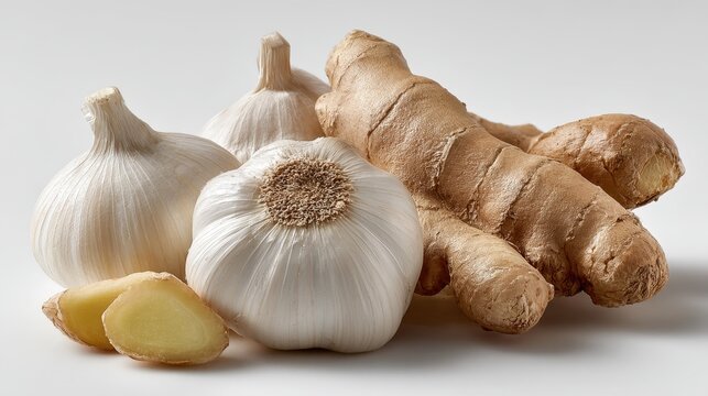 Minimalist white-background display of garlic cloves and ginger root in a single row