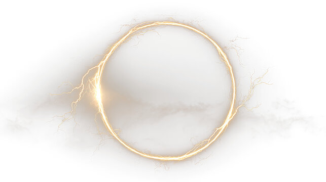 Golden circle with lightning effect on a transparent background showing an energetic design for use in various projects