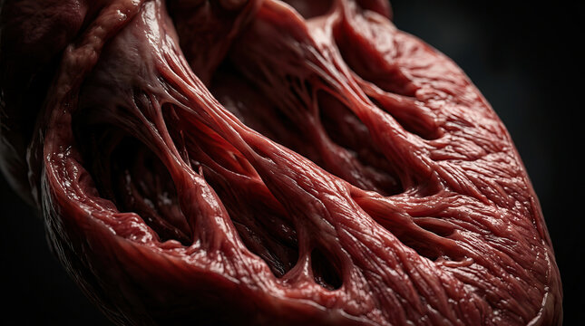 Realistic close up of internal heart anatomy showing muscle fibers, chambers and valve structures with dramatic lighting and moist texture conveying intensity and scientific detail