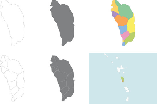 Comprehensive vector map set of Dominica featuring outlines, solid silhouettes, and colorful administrative districts for geographic and travel use.
