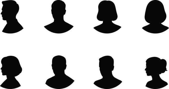 Black silhouette vector collection of male and female head portraits, person profile side views, and anonymous user avatar icons for graphic design projects.