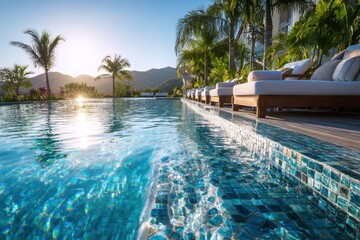 Fototapeta premium Relaxing resort pool scene with turquoise water, mosaic edging, and lush landscaping