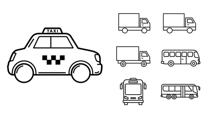 Taxi and various delivery trucks lineup.
