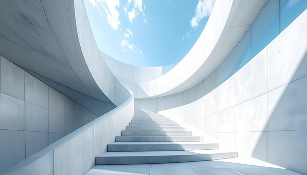 青空へ続く白い螺旋階段の近代建築 / Modern architecture of white spiral staircase leading to blue sky (Generative AI)