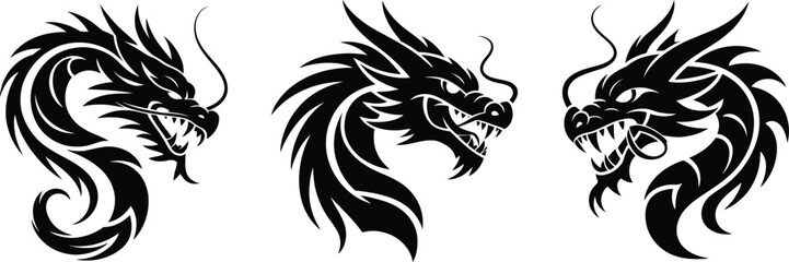 Obraz premium Set of fierce dragon head silhouettes with detailed tribal style isolated on white background representing fantasy, power, mythology, and tattoo design elements
