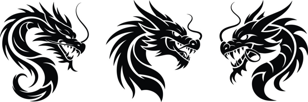 Set of fierce dragon head silhouettes with detailed tribal style isolated on white background representing fantasy, power, mythology, and tattoo design elements