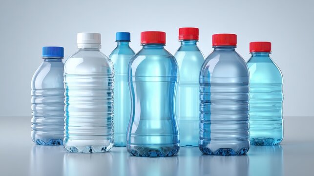 Photorealistic 3D render of a PET plastic bottle set on a glossy studio surface
