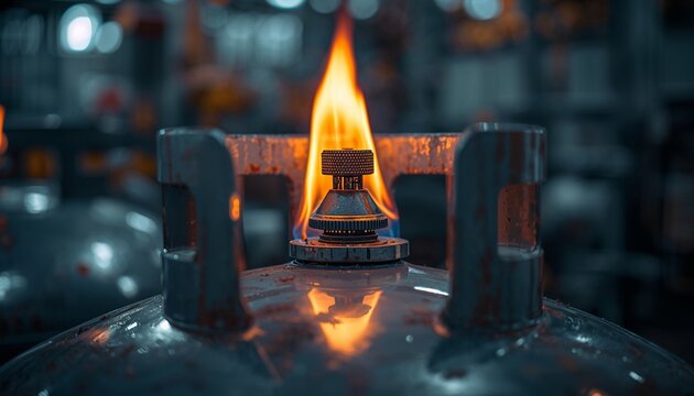 Close-up macro of LPG burner flame on industrial gas storage tank. Realistic reflections and industrial lighting in high-detail, photo-realistic style.