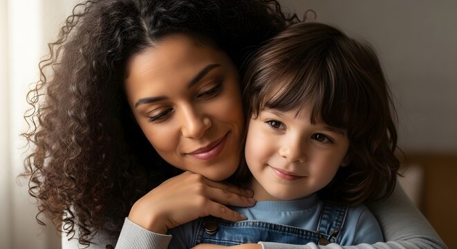 Woman hugging kid. African American mother and child embracing with love and care. Bonding moment of parent and offspring. Family relationship, support, tenderness and unconditional affection.