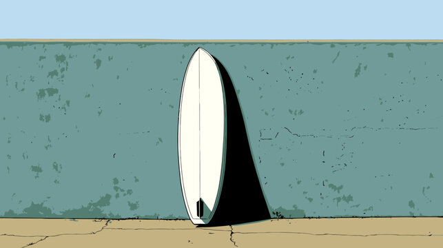 A surfboard leans against a textured wall, casting a large dark shadow onto the ground