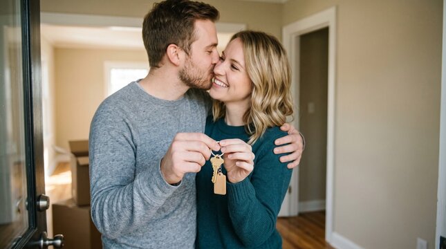 Happy young couple holding keys to new home hugging in empty room moving in together real estate mortgage and house ownership concept
