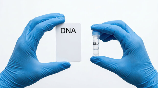 DNA vial and white card held by gloved hands, clinical sample concept for laboratory testing and genetic analysis in sterile environment, precise medical procedure and biotechnology scene