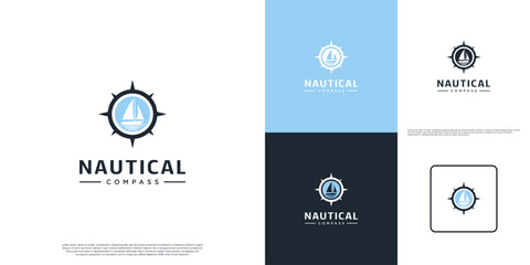 Fototapeta premium logo with negative space concept, ship and compass, sailing, graphic design template.