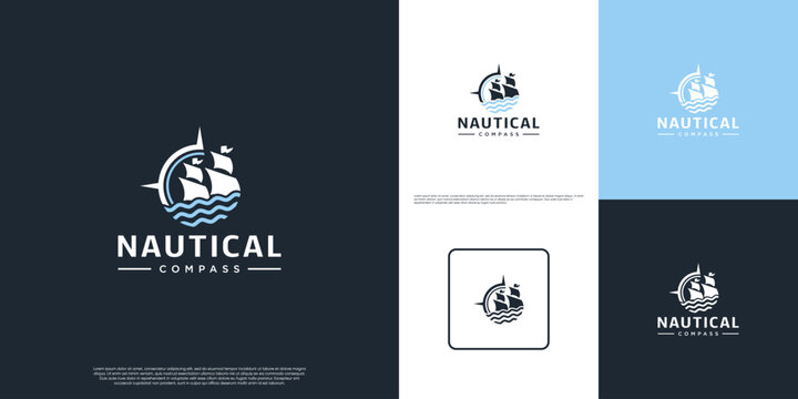 Ocean explorer logo with ship and compass concept, graphic design illustration.