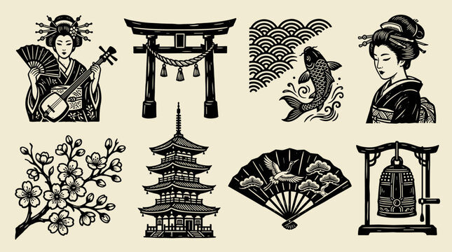 Japanese Geisha and Traditional Cultural Motifs: Linocut Style Graphic Set, Black and Cream Vector Illustration