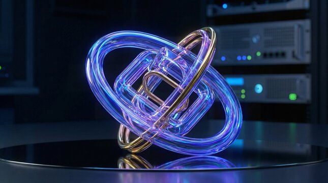 Futuristic glowing gyroscope object in high tech laboratory environment