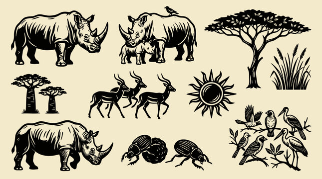 Rhinoceros Linocut Illustration Set: Savanna Animal Graphic Elements, Woodblock Print Icons on Cream