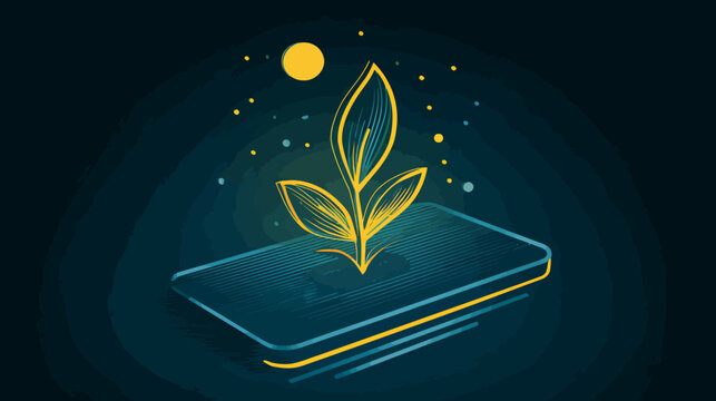 Artistic depiction of a stylized plant growing from a rectangular base, set against a dark blue background