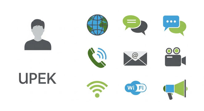 Man with communication icons around him.