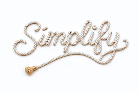 The word 'Simplify' is creatively crafted with a rope against a light background, featuring a tassel at one end for added texture