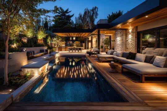 Luxurious teak deck outdoor living area with a charcoal-black pergola and poolside seating