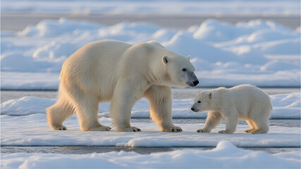 Fototapeta premium Polar bear mother and cub walking on arctic ice floe at sunset, climate change concept