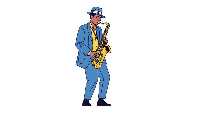 Blue Suited Jazz Saxophonist Playing on White Background