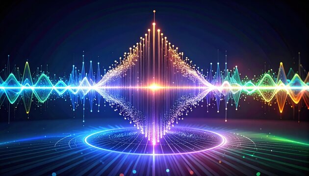 Abstract visualization of a quantum Fourier transform with vibrant data points and glowing wave patterns representing complex computational analysis in a modern digital environment.