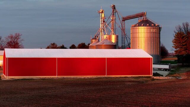 Aerial view of a large red barn and metal grain silos on a farm during golden hour in Wilmington, Ohio, United States.
