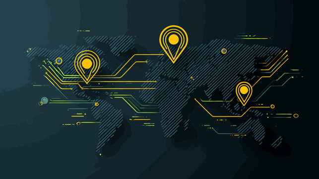 A world map featuring a digital circuit design with location pins and connecting lines