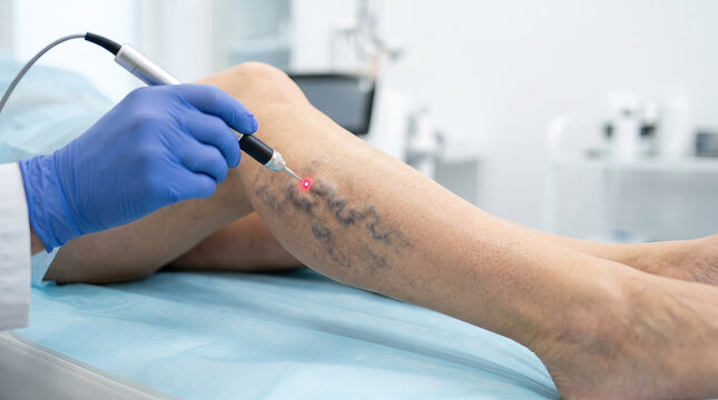 Laser treatment targeting varicose vein on lower leg with medical professional wearing gloves performing outpatient vascular procedure, clinical setting, focused care and recovery