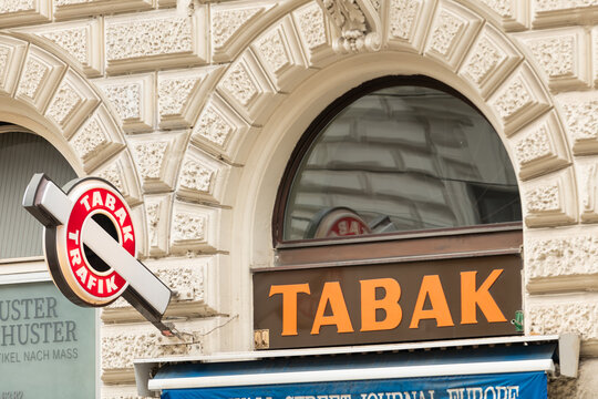 14 April 2026, Vienna, Austria. Traditional &ldquo;Tabak Trafik&rdquo; shop sign on historic building facade