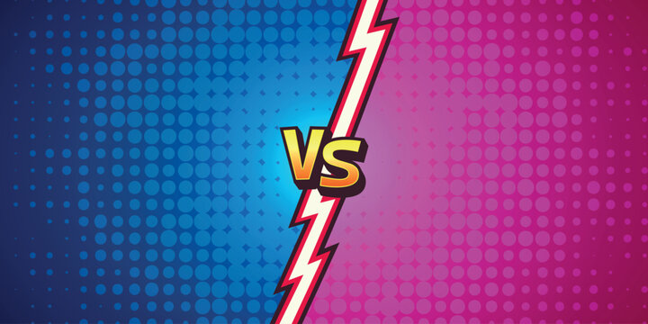 Comic Versus Vector Background. Versus Battle Screen. Versus vs Arena Split. Blue Pink Halftone Divider. Game Competition Banner Template, Dynamic Fighting Poster Backdrop