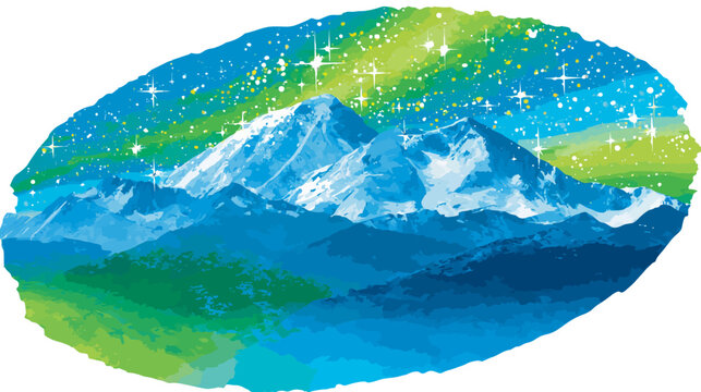 A stylized illustration presents mountains beneath a starry sky, contained in an oval frame