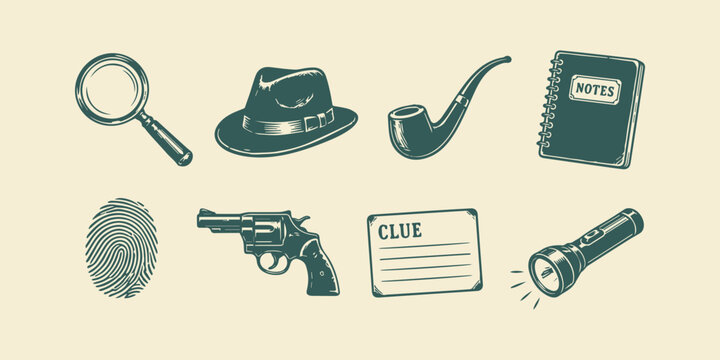 Detective and Investigation Elements Vector Set, Flat Minimal Crime Scene Collection