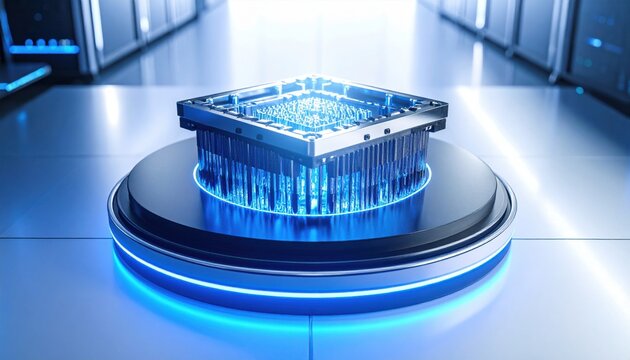 Gleaming superconducting qubit array resting on a polished obsidian disc within a high tech laboratory environment for advanced quantum computing research and future data processing.