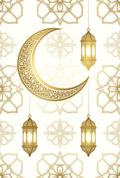 Islamic Crescent Moon and Lantern Seamless Gold Pattern.