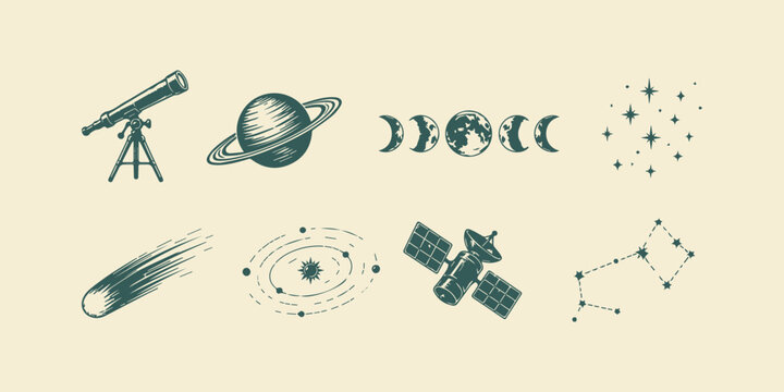 Cosmic and Galaxy Exploration Vector Bundle, Clean Flat Space Illustration Pack
